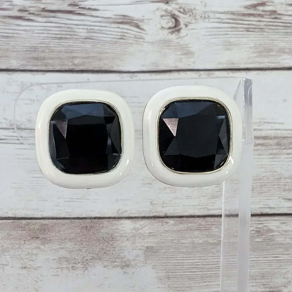 Vintage Clip On Earrings Black Center with Cream Halo Statement